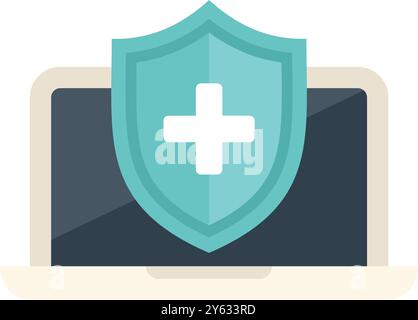 Shield is protecting a laptop, showing the concept of antivirus and digital security Stock Vector