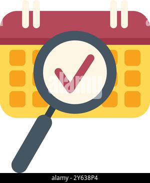 This colorful vector illustration shows a magnifying glass examining a calendar with an appointment or task marked as approved Stock Vector