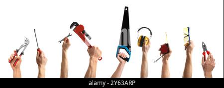 Hands of people with different tools isolated on white Stock Photo