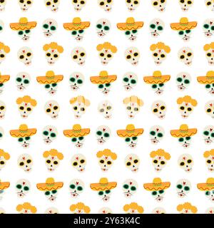 Patterned Skulls in sombrero and wreath Seamless pattern. Day of the dead festive background texture. Isolated Vector illustration Wallpaper, wrapping or web, themed card, poster, leaflet or web promo Stock Vector