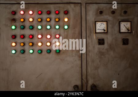 Dirty old and rustic electrical control panel with red, green and yellow lights Stock Photo