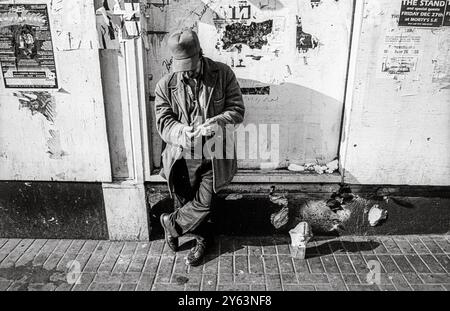An older man, dressed in a long coat and cap, stands leaning against a wall covered in posters and graffiti, meticulously counting change on a San Francisco sidewalk. Stock Photo