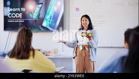 Education, coding and lecture with teacher in classroom for learning, scholarship or tech bootcamp. Robotics, Ai development and future with people at Stock Photo