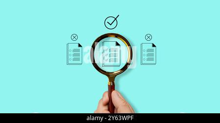 Magnifying glass focus to Approve document icon on blue background for business process workflow illustrating management approval and and project appr Stock Photo