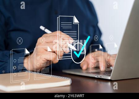 Businessman touches of approve document icon for business process workflow illustrating management approval and and project approve concept.Check list Stock Photo