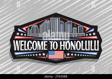 Vector logo for Honolulu, black decorative sign with simple draw illustration of urban honolulu city scape on dusk sky background, art design horizont Stock Vector