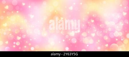 Pink gradient background. Orange and yellow mesh pastel backdrop. Peach warm blurry sky with heart stars and bokeh. Liquid fluid texture Stock Vector