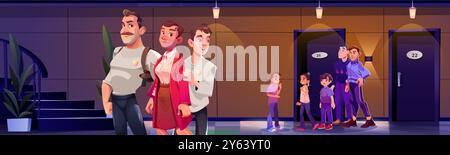 Police officers lead detained male criminal in female clothes down hotel corridor, happy smiling two men and teenage children stand at door. Cartoon vector hallway interior with stairs and people. Stock Vector