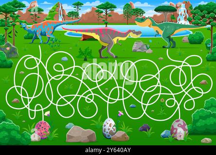 Labyrinth maze game, help to prehistoric dinosaur mother find her own egg, vector worksheet. Kids game labyrinth maze with path for dinosaur mothers t Stock Vector