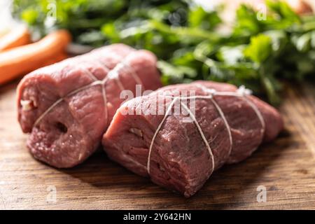 Raw beef sirloin prepared for processing the Czech national dish - Sirloin on cream. Stock Photo