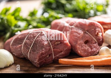 Raw beef sirloin prepared for processing the Czech national dish - Sirloin on cream. Stock Photo