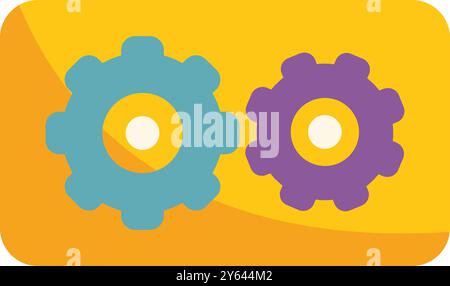 Two colorful gears interlocking representing teamwork on a yellow background Stock Vector