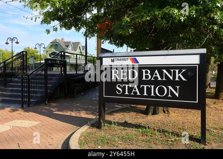 Signage for NJ Transit Red Bank train station, Red Bank, New Jersey Stock Photo