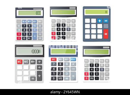 A collection of six vector calculators featuring different designs, number buttons, and digital displays. Ideal for math, finance, business, and offic Stock Vector