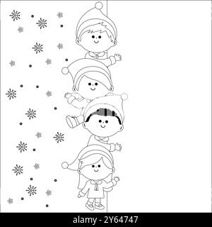 Children in Christmas costumes and a blank ribbon banner. Xmas party kids celebrating New Year And Christmas. Black and white coloring page. Stock Photo