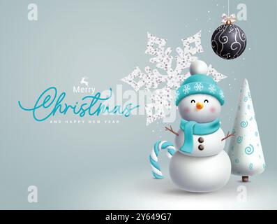 Merry christmas greeting vector design. Christmas snowman character wearing hat and scarf with glitter snowflakes, pine tree and hanging ball Stock Vector
