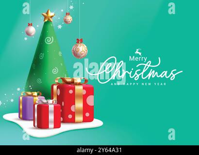 Merry christmas greetings card vector design. Christmas 3d pine tree, gift boxes and hanging xmas balls decoration elements in ice podium and green Stock Vector
