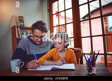 Homework, education and father helping kid with studying for private school admission exam. Scholarship, learning and dad with girl child student Stock Photo