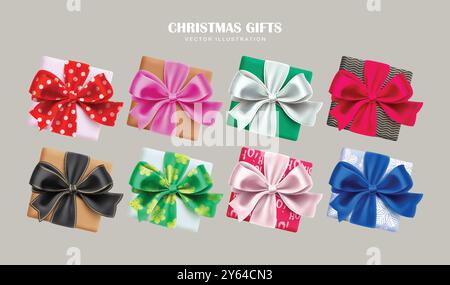 Christmas gifts colorful vector set design. Gifts boxes with colorful ribbon and lasso in top view elements collection for celebration surprise object Stock Vector