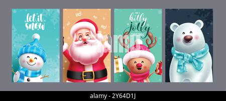 Christmas greetings characters vector poster set design. Christmas character like cute snowman, singing santa claus, smiling reindeer and friendly Stock Vector