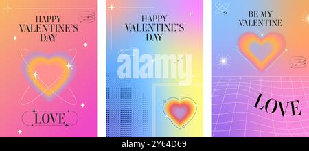 Set of happy Valentine's Day postcard templates. Blurred hearts in trendy retro y2k style for flyer, ads, invitation, promo, banner Stock Vector