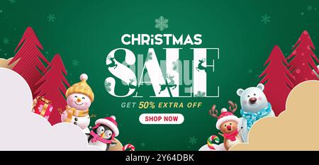 Christmas sale vector banner design. Christmas sale text with happy snowman, penguin, reindeer, polar bear characters in paper cut pine tree and cloud Stock Vector