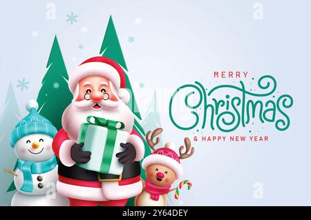 Merry christmas greeting vector template design. Christmas greeting text in paper cuts blue pine trees background with santa claus holding gift box Stock Vector