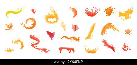 Juice splatter splashes elements set. Can used for liquid product, drinks for wrapping paper. Juice or cocktail drops, splash collection. Stock Vector