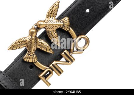 Poznan, Poland. 7 November, 2021. Detailed view of Pinko belt with gold kissing birds buckle. Stock Photo