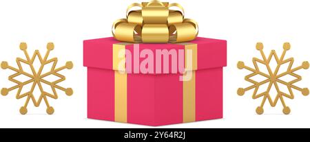 Pink squared Christmas gift box decorative elements for festive holiday celebration realistic 3d icon vector illustration. Premium wrapped present pac Stock Vector