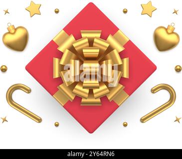 Red gift box with golden bow ribbon premium festive decor for birthday Christmas celebration top view realistic 3d icon vector illustration. Present c Stock Vector