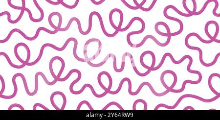 Hand drawn bold curved pink squiggle lines, loops seamless pattern. Cute vector background with thick doodle smears. Stock Vector