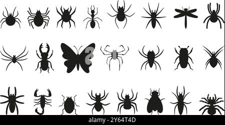 Black insects icons. Different insect silhouettes, buds spiders butterfly dragonfly scorpion tarantula. Nature elements, seasonal neoteric vector Stock Vector
