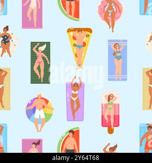 People swimming on rubber mattresses. Beach pool party characters. Travellers, seasonal vacation teens. Young adults in swimsuits, vector background Stock Vector