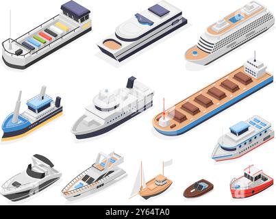 Isometric cargo passenger ships. Yacht and sailing boat, vessel with containers. 3d sea transportation logistic, ship tanker liner flawless vector set Stock Vector