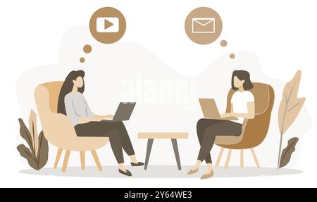Two women are working on laptops, facing each other, with communication icons like video and email above their heads. Flat design on a light Stock Vector