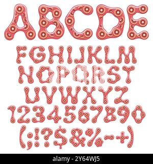 Alphabet, letter, number and sign made of red jelly with slices of kiwi. Isolated vector object on white background. Stock Vector