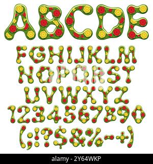 Font, alphabet, letter, number and sign made of green jelly with slices of juicy red and yellow watermelon. Isolated vector object on white background Stock Vector
