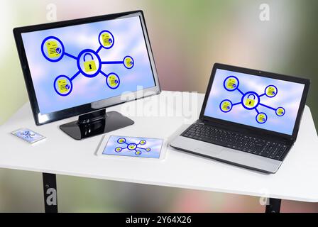 Data protection concept shown on different information technology devices Stock Photo