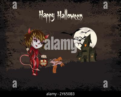 A girl in a red costume holding a pumpkin and a lantern. The background has a house and a moon. The image is a Halloween scene Stock Vector