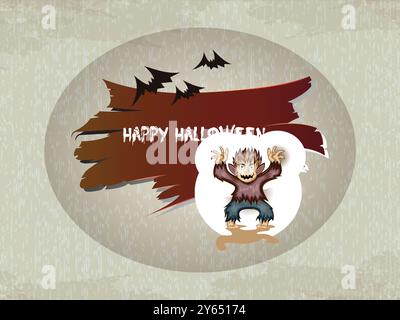 A cartoonish drawing of a man holding a sign that says Happy Halloween. The sign is on a piece of wood with a creepy, spooky background Stock Vector