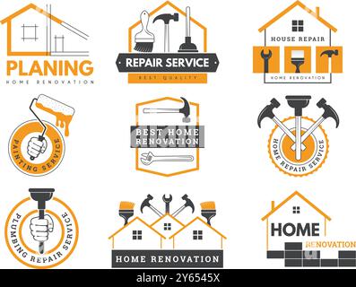 Home repair. Identity badges for different repair services design painting plumbing construction planning recent vector concept for workers Stock Vector