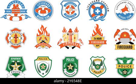 Security badges. Shield emblems of lifeguard services police and fireguard protection agents recent vector labels collection Stock Vector