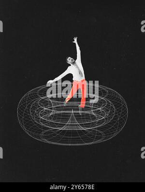 Man in bright red pants balancing atop spherical grid against black background, signifying navigating through complex data in business and technology Stock Photo