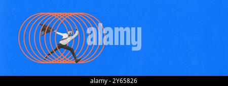 Man running through tunnel of orange concentric rings on blue background, symbolizing race to innovate in fast-moving business environment Stock Photo