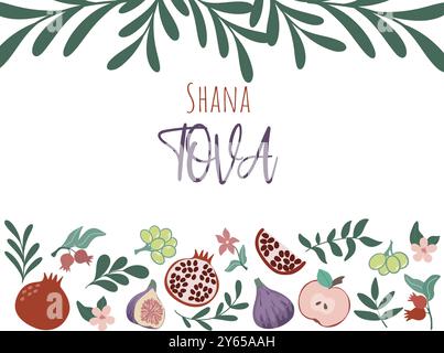 Shana Tova greeting banner. Horizontal card with greeting lettering, decorated with fruits pomegranate, apple, fig, flowers and foliage, vector Stock Vector