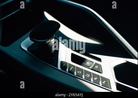 automatic transmission shift selector in the car interior Stock Photo