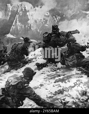 Italy 's splendid Alpini fighting amid the snow :  a machine-gun section attacking an Austrian position on Monte Nero The Alpini are distinguished by their felt hats with turned-up brim and single black-eagle plume .  July 1915 Stock Photo