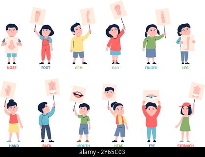 Kids pointing body parts. Little children holding placards with ear arm mouth head finger hand and other human part. Education recent vector Stock Vector