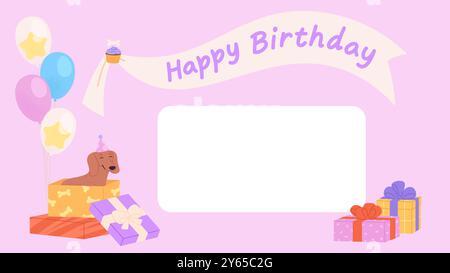 Birthday card template with empty space for congratulations writing. Cute dogs gift boxes and balloons. Party puppies, decorative vector template Stock Vector